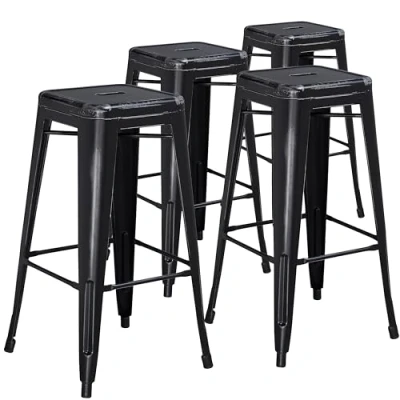 Imagen de Flash Furniture Juego de 4 taburetes bar, grado comercial, 76 cm, sin respaldo, metal envejecido, para interiores y exteriores, hierro, plástico, color negro