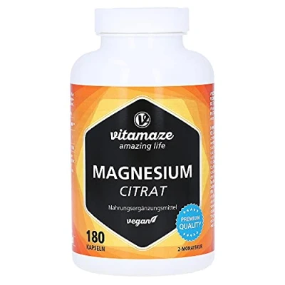 Imagen de Citrato de Magnesio 2.250 mg (360mg Elemental) 180 Capsulas Veganas Alta Biodisponibilidad Huesos y Músculos Fuertes Suplemento Alimenticio sin Aditivos. Calidad Alemana. Vitamaze®