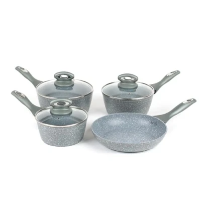 Imagen de Salter BW04151G1AR Juego de sartenes antiadherentes la gama Marblestone, aluminio forjado, 4 piezas, cocinar con poco o nada aceite, apto para todos tipos placas, incluida inducción