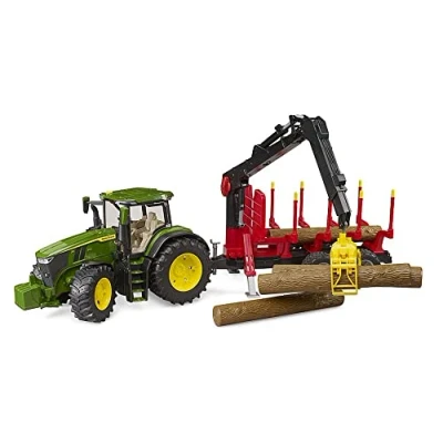 Imagen de bruder 03154 John Deere 7R 350 con remolque trasero y 4 troncos, granja, tractor, transportador de madera, vehículo