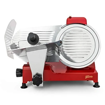 Imagen de Cortafiambres eléctrico H.Koenig MSX254, profesional, preciso, espesor de corte 0 12 mm, Cuchilla italiana 25 cm,afilador integrado,amplia bandeja,282 rpm, Rojo