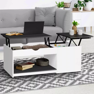 Imagen de IDMarket Mesa baja con 2 bandejas elevables EYLA baúl de madera, blanco y gris