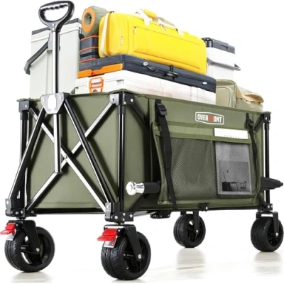 Imagen de Overmont Carro Playa Plegable Carrito de Jardín Todo 150L 150 kg con Mango Ajustable Terreno Desmontables Ruedas Grandes Bolsillo Lateral Portavasos per Camping Compras Deportes