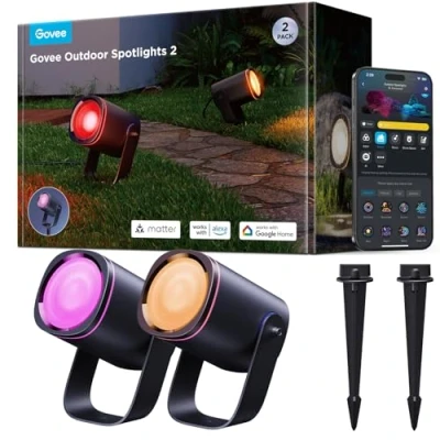 Imagen de Govee Focos Para Exterior 2, Iluminación de Jardín Resistente al Agua IP67, Foco RGBWIC, 700 lm Regulable, 69 Modos Escena y 16 mil Colores, Funciona con Alexa, Google Assistant, Matter. 2 paquetes