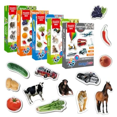 Imagen de magdum Set Animales de Zoo y Granja + Frutas Verduras Transporte Imanes Niños 110 Piezas Nevera Juego Juegos Magneticos para Juguetes Educativos 3 Años