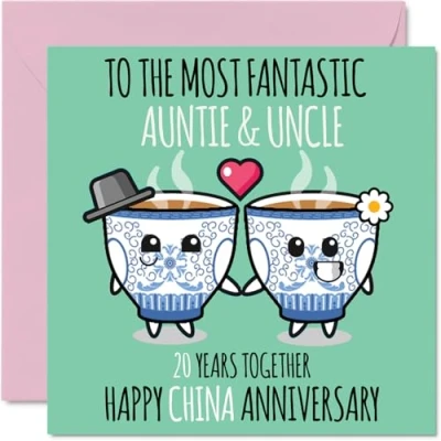 Imagen de Bonita tarjeta de aniversario porcelana para tía y tío, 20 años juntos, tarjetas felicitación boda tío tía, 145 mm x vigésimo