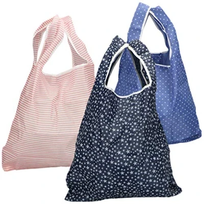 Imagen de com four® 3X Bolsa de Compras Plegable Rayas Estrellas y Puntos Nylon en una Transporte (03 Piezas Negro. Azul. Rosa)