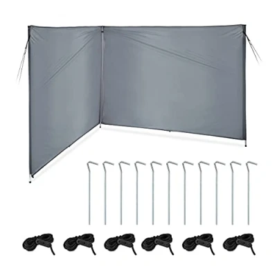 Imagen de Relaxdays Windschutz Paravientos Playa, Cortavientos Playero Poliéster, 1,5 x 4 m, con Piquetas, Vientos, Postes de Acero, Gris