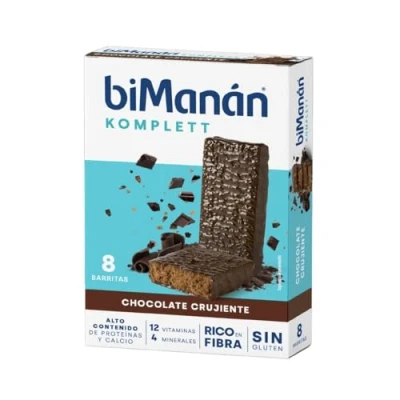 Imagen de BIMANÁN KOMPLETT BARRITAS de CHOCOLATE CRUJIENTE Ricas en Proteínas y Fibra, con 12 Vitaminas 4 Minerales sin Aceite Palma, Gluten 8 Unidades (280g)