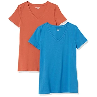 Imagen de Amazon Essentials Camiseta de Cuello en v Manga Corta y Ajuste Clásico Mujer, Pack 2, Terracota/Azul, XS