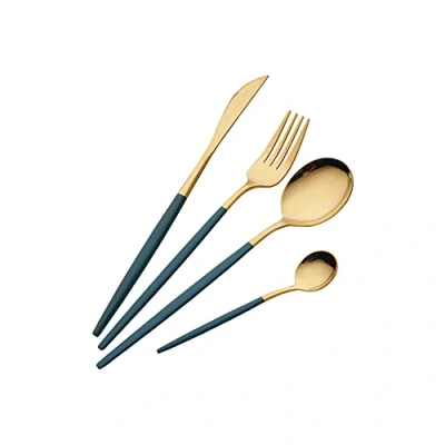 Imagen de Juego de Cubiertos 16 Piezas,Cubiertos dorados y verde Acero inoxidable,Utensilios Inoxidable Servicio para 4,Incluyendo cuchillo/tenedor/cuchara/cucharadita (Oro Verde)