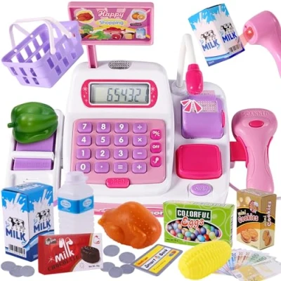Imagen de BUYGER Caja Registradora Juguetes con Calculadora Electrónica Micrófono, Luz y Sonido Escáner, Maquina Juguete Regalo para Niña Niño 3 4 5 Años