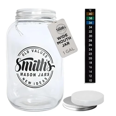 Imagen de Smith&#039;s Mason Jars XXL 3.7L Tarro de Galón Abertura Ancha con 2 Tapas a Rosca (Metal y Plástico) Vidrio para Decapar Hacer Comida Kombucha Té al Sol