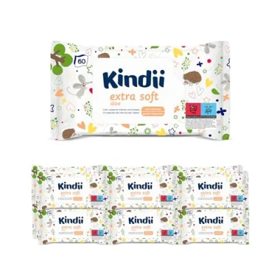 Imagen de Kindii Toallitas Húmedas para Bebés y Niños aloe Extra Suave Protectoras, Hidratantes, Regeneradoras Alantoína, emolientes, extracto de pH neutro 12x60 uds.