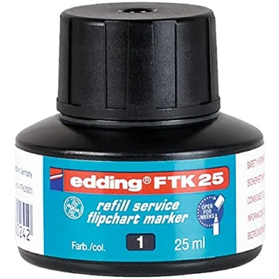 Imagen de Tinta de recambio edding FTK 25 negra ml con sistema capilar, ideal para rellenar forma limpia y sin complicaciones casi todos los rotuladores flipchart