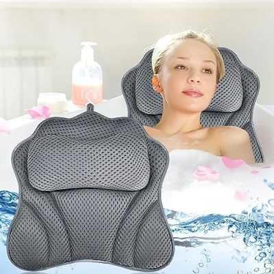 Imagen de GUHAOOL Almohada de Baño, para Bañera, Malla 4D Cojín Baño,Almohada Baño con 6 Ventosas Antideslizantes, Puede Soportar La Cabeza, el Cuello,para SPA en Casa Bañera Hidromasaje,Gris