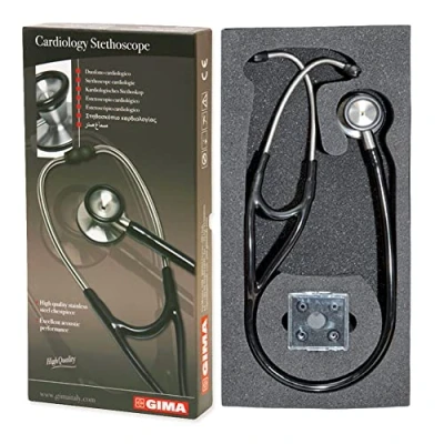 Imagen de Gima Estetoscopio clásico de cardiología con cabezal acero inoxidable, campana en forma cono para bajas frecuencias, membrana alta sensibilidad amplificar sonidos, Lira Nero, 32552