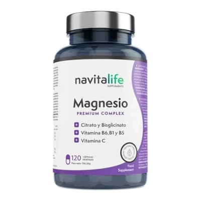 Imagen de magnesio puro. Citrato de 1545 mg + Bisglicinato 600 Vitamina C, B6, B1, B5. Reduce Cansancio y Fatiga. Alivia el dolor articular muscular. 120 cápsulas vegetales.