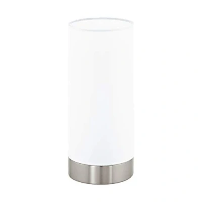 Imagen de Eglo lámpara de mesa DAMASCO 1, con 1 bombilla, mesita noche acero, colores; níquel mate, vidrio satinado, blanco, casquillo E27, interruptor incluido