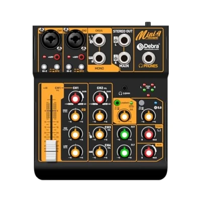 Imagen de mezclador de audio profesional Mini4, sonidos para transmisión, 4 canales, interfaz USB y Bluetooth Phantom Power 48 V podcast