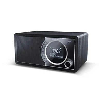 Imagen de SHARP DR 450(BK) Radio Despertador con sintonizador Dab, Dab+, FM, Bluetooth 4.2, Potencia Maxima 6W, Pantalla LCD, Carcasa de Madera y Panel Frontal Acero Inoxidable