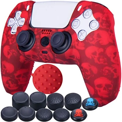 Imagen de 9CDeer 1 x Silicona Transferir Impresión Protector Grueso Cubrir Piel + 10 Apretones de Pulgar para Playstation 5 / PS5 Mando Cráneo rojo