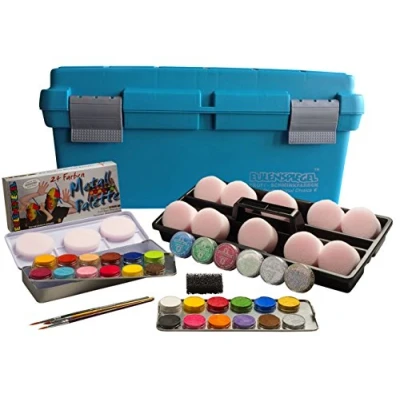 Imagen de Eulenspiegel 299548 Estuche de maquillaje para principiantes, 24 colores aqua profesionales, 6 x purpurina, 10 esponjas, 1 esponja barba incipiente, 3 pinceles