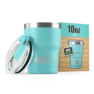 Imagen de Greens Steel BEAST Termo Café para Llevar 300ml I Azul Aguamarina Taza Térmica de Acero Inoxidable Reusable Viajera Doble Pared al Vacío 2 Pajitas y Cepillo Limpieza