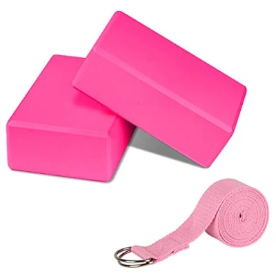 Imagen de PUDSIRN Juego de 2 Bloques Yoga Alta Densidad EVA Antideslizantes con Correa Yoga, Anillo en D Metal para Mejorar el Equilibrio y la flexibilidad Pilates, meditación