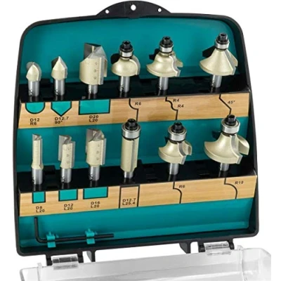 Imagen de ENT 09012PLUS Juego de 12 Fresas HW PLUS en Estuche Plástico Resistente a Golpes para Rebajadora con Vástago 8 mm y Cuchillas Carburo Perforar