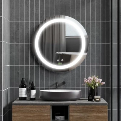 Imagen de kleankin Espejo de Baño con Luz LED Ø50x4,6 cm Redondo Pared Interruptor Táctil 3 Luces Ajustables Función Memoria y Antivaho Marco Aluminio Plata