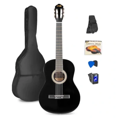 Imagen de MAX SoloArt Guitarra clasica con cuerdas de nailon para Principiantes Adultos flamenca Funda, Afinador, Púa, Correa y Accesorios Española 4/4 en color negro