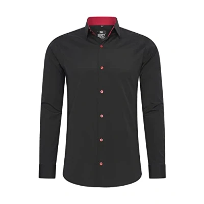 Imagen de Rusty Neal camisa de hombre corte ajustado manga larga elástica en contraste negocios ocio, negro y rojo, M