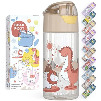 Imagen de BEARFOOT botella de agua para niños 450ml, ligera Tritan, sin BPA, a prueba fugas, con gas, apta lavavajillas niños, niñas, jardín infancia (Dinos Marrón)