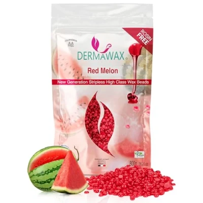 Imagen de Dermawax Melón rojo HIPOALERGÉNICO sin COLOFONIO Perlas de cera para la Depilación pieles sensibles brasileña Cara Piernas íntima las axilas bandas vellón 800g