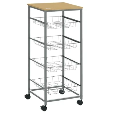 Imagen de HOMCOM Carro Multiusos de Cocina Bano con Ruedas 5 Niveles Carrito Servicio Isla Auxiliar Verdulero Frutero 36.5x36.5x89cm Carga 20kg, Acero y MDF, Plateado