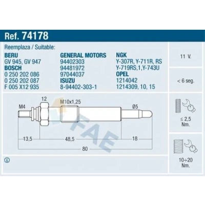 Imagen de FAE 74178 Bujía de precalentamiento 11V M 10x1.25 OPEL: Astra F Caravan, Monterey A, Berlina, ISUZU: Midi I Furgón