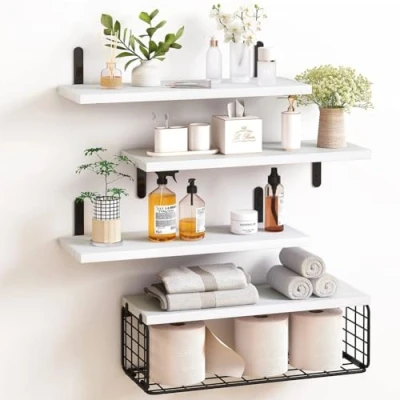 Imagen de BAKAJI Juego de 4 + 1 estantes Pared Madera Maciza, Multiusos, Soportes y Cesta Metal, estantería para Dormitorio, salón, Cocina, baño, librería, Ahorro Espacio (Blanco)