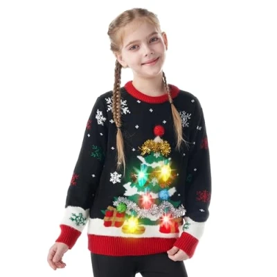 Imagen de Giggling Getup Suéter feo de Navidad para niños, con luz LED, diseño árbol feo, Negro , 10 12 años