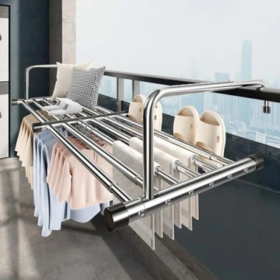 Imagen de Tendedero Balcón Barandilla, Extensible Pared De Acero Inoxidable, Tendederos Para Balcón/Radiador/Pared, Plegable Pared，Asas Ajustables Secadora Colgante ( Size : Telescopic St