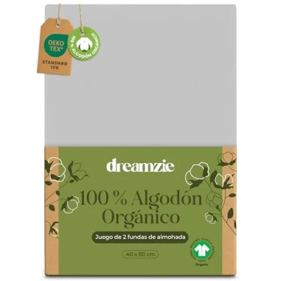 Imagen de Dreamzie Funda de Almohada 40x80 cm Algodón Orgánico Juego 2 100% Gris Algodon 50x70 con Cremallera Oeko Tex
