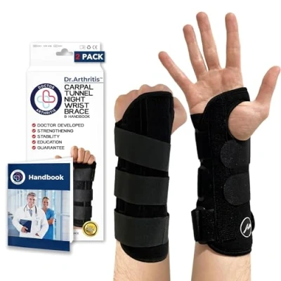 Imagen de Dr. Arthritis Muñequera Túnel Carpiano con Férula Desarrollada por Médicos Tendinitis Muñeca Nocturna Ajustable a Cualquier Tamaño Para Mano Derecha Libro Manual Incluido
