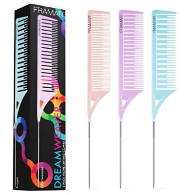 Imagen de FRAMAR Dreamweaver Juego de peines para resaltar peine cola rata con metal, peluquería teñir el cabello, cabello Paquete 3 en colores pastel