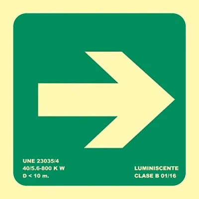 Imagen de Becral® Señal luminiscente salida FLECHA DERECHA PVC 0,7mm Clase B 224X224mm homologado CTE, RIPCI nueva ley ref.RD10100
