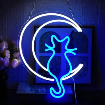 Imagen de UExnkj Y Letrero de Neon Cat Señal neón Gato Lunar adecuado para sala juegos, bar, fiesta, habitación niños, luces decorativas alimentado por USB con interruptor regulable
