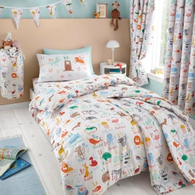 Imagen de Happy Linen Company Niñas Niños Alfabeto Animal ABC Blanco Multicolor Individual Reversible Funda Nórdica Edredón Juego de Cama con Almohada Ropa