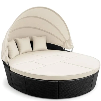 Imagen de CASARIA Tumbona Redonda 2en1 Ø226cm Poliratán Cama Isla Exterior Mesa Toldo Plegable Incl.Cojines