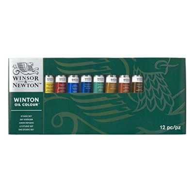 Imagen de Winsor &amp; Newton Winton Set Studio de pinturas al óleo , 8 tubos 21 ml colores surtidos + 1 blanco 37ml liquin 75ml 2 pinceles