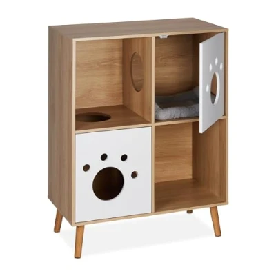 Imagen de Relaxdays Armario para Gatos XXL, 4 Compartimentos, 96x75x40 cm, Escondite Arenero Sanitario, Cama, Natural/Blanco, Tablero de Fibras, 96 x 75 40 cm