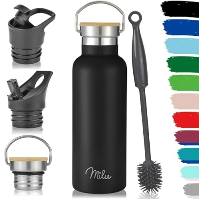 Imagen de Milu Botella de Agua, 500ml, 750ml, 1000ml (+3 Tapas) Acero Inoxidable, Libre BPA, Para Bebidas Calientes, Frías y Carbonatadas (Negro, 500ml)